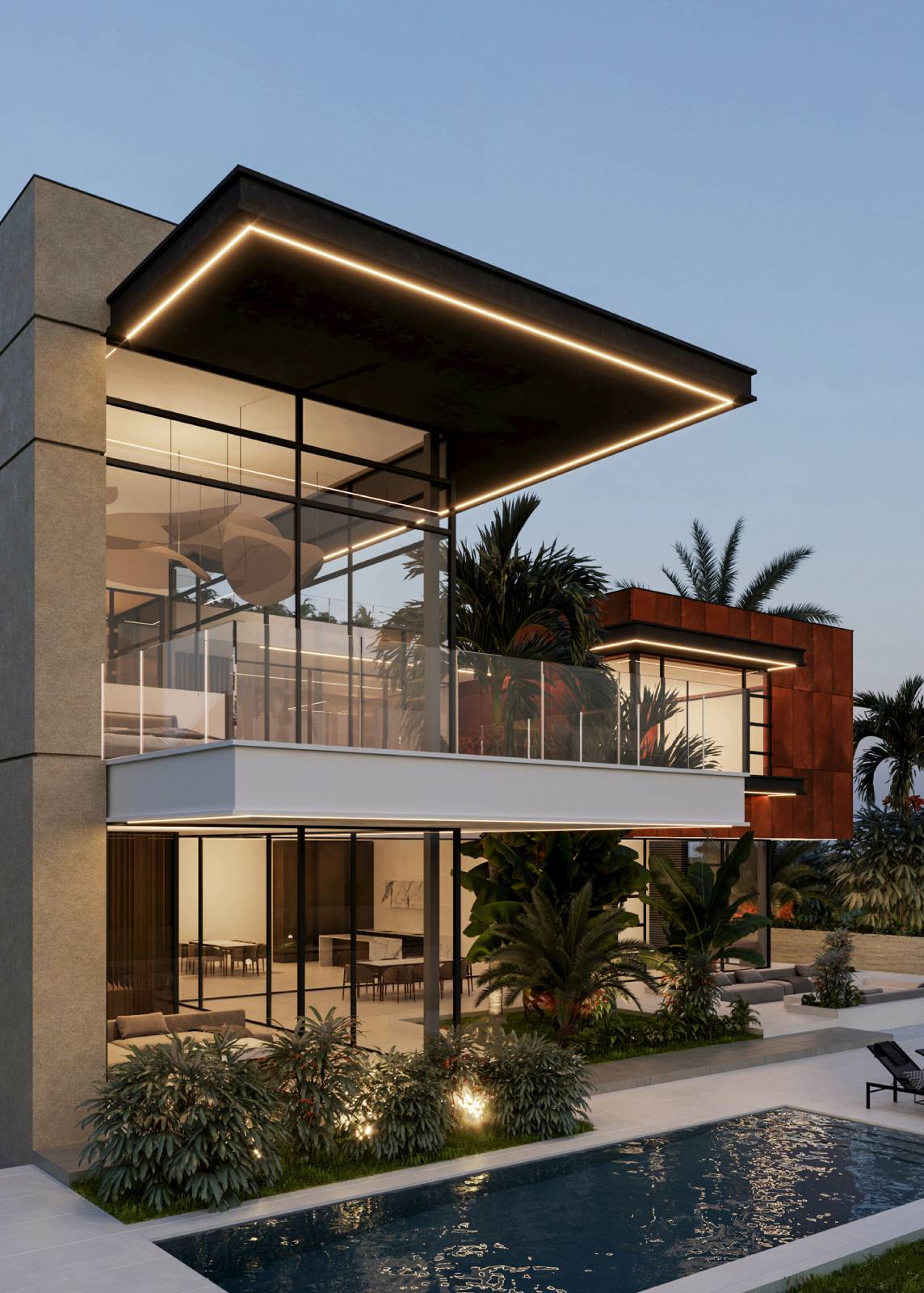 Contemporary glass-walled home exterior