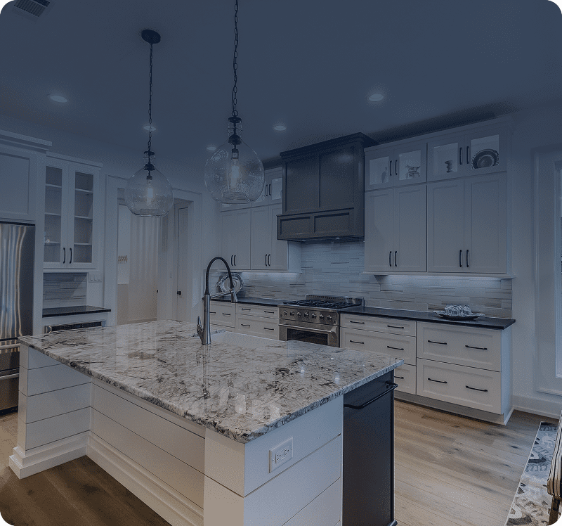 Spacious kitchen with pendant lights