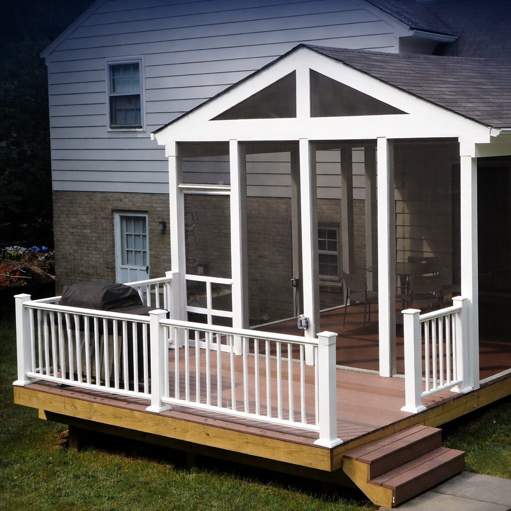 A white screened porch with a wooden deck and railing attached to a house.